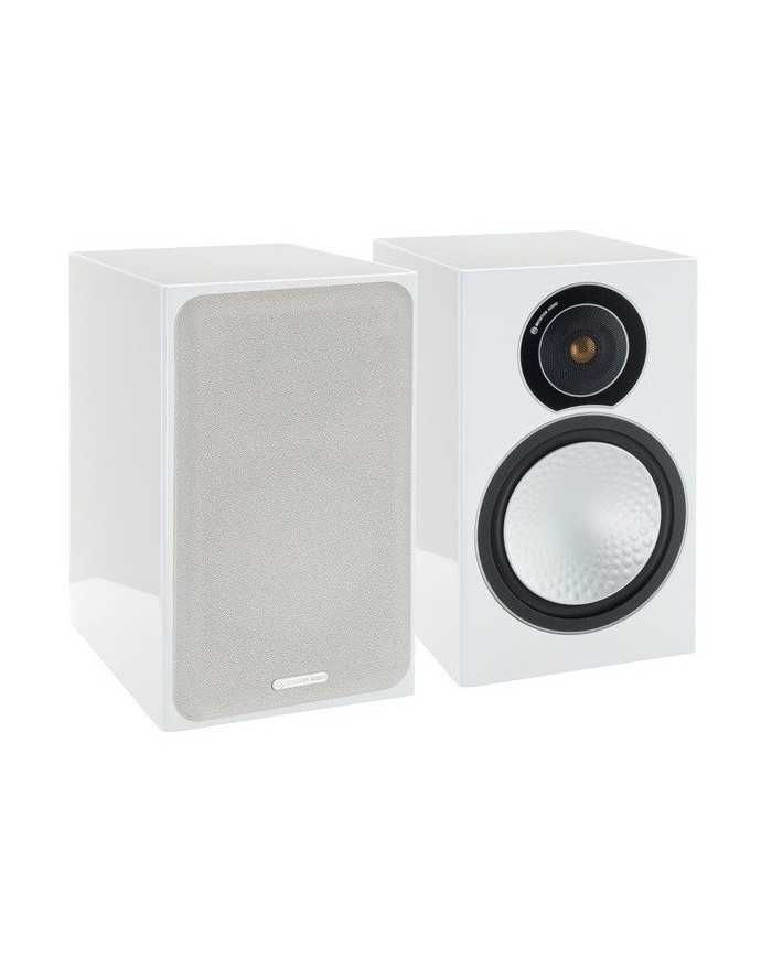 Monitor Audio Silver 2 beyaz raf tipi hoparlör, parlak beyaz kaplama, gümüş woofer ve gri ön ızgara