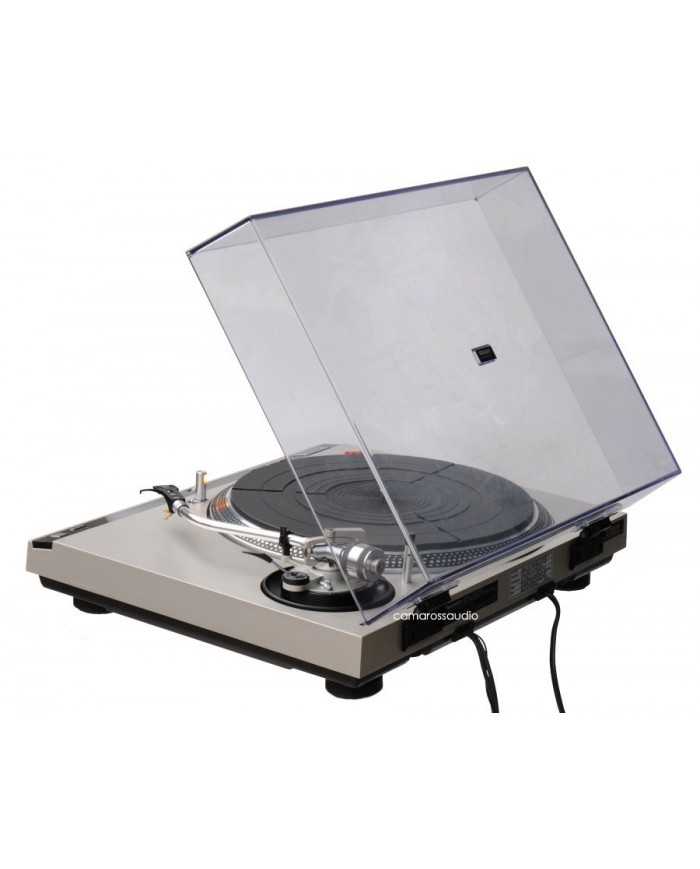 Technics SL-1600 mk2 pikap, şeffaf kapaklı, gümüş renkli, DJ tarzı pikap.
