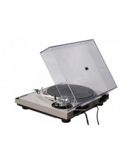 Technics SL-1600 mk2 pikap, şeffaf kapaklı, gümüş renkli, DJ tarzı pikap.
