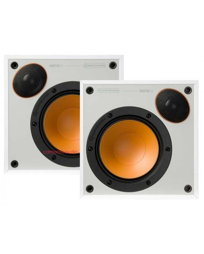 Monitor Audio Monitor 50 beyaz raf tipi hoparlörler, turuncu koniler, siyah çerçeveler