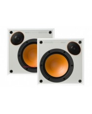 Monitor Audio Monitor 50 beyaz raf tipi hoparlörler, turuncu koniler, siyah çerçeveler