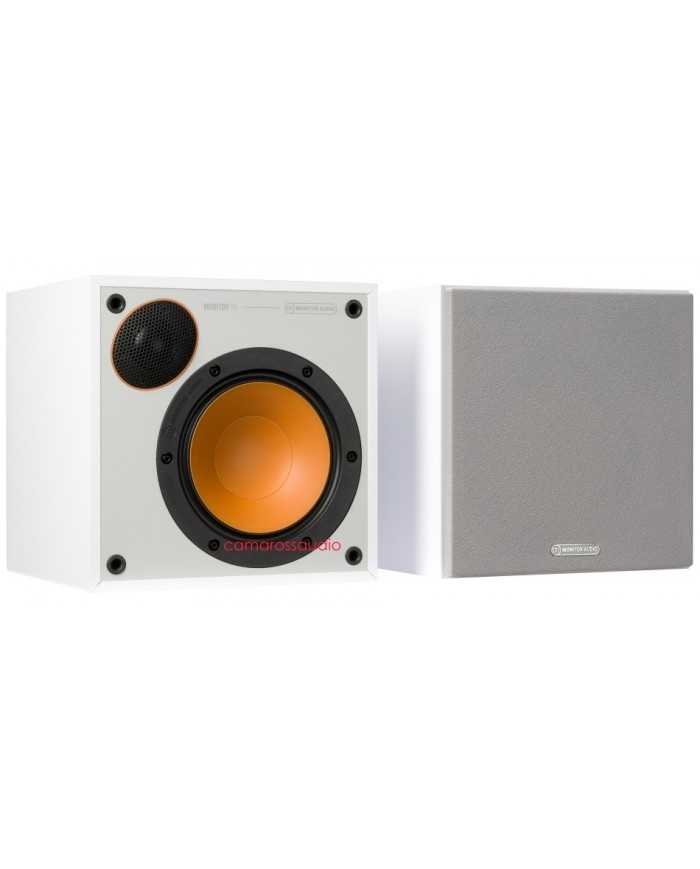 Monitor Audio Monitor 50 beyaz raf tipi hoparlör, turuncu sürücü, gri ızgara