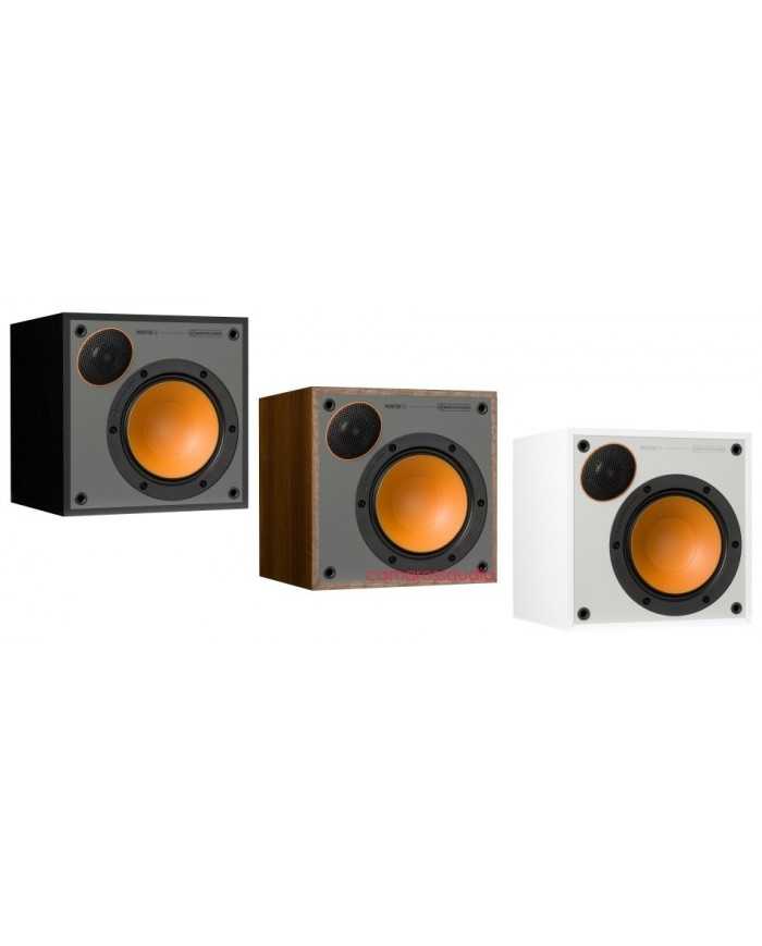 Monitor Audio Monitor 50 kompakt hoparlörler, turuncu woofer, siyah ve beyaz modelleri