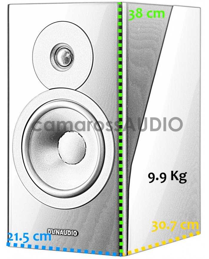 Dynaudio Evoke 20 hoparlör, gümüş rengi, 21.5cm x 38cm x 30.7cm ölçülerinde, 9.9kg ağırlığında.