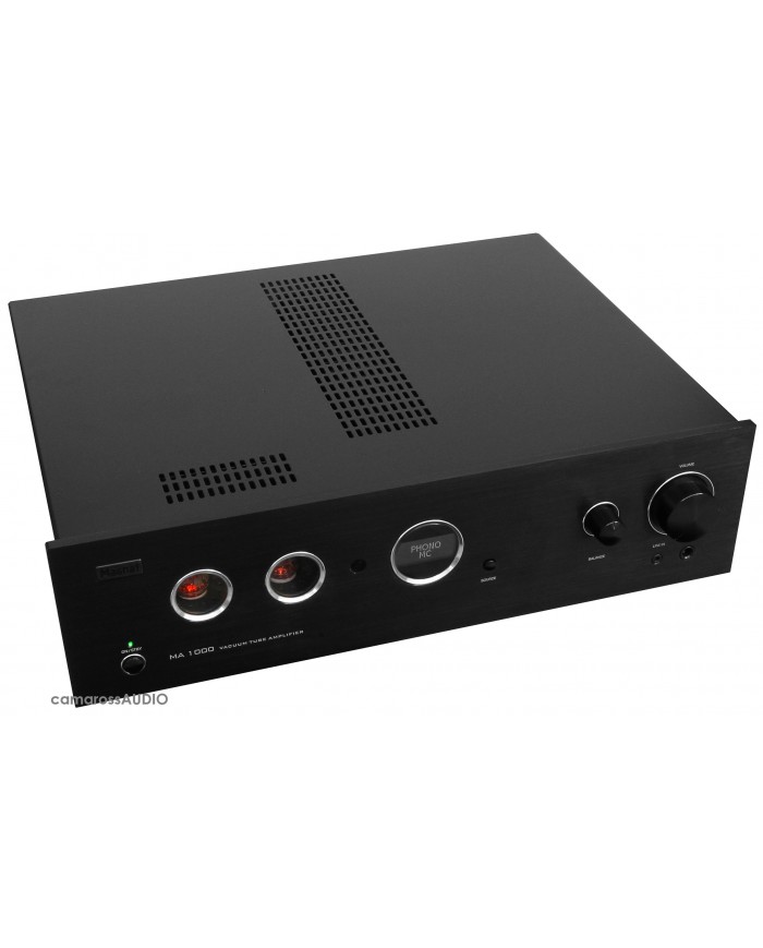 Magnat MA 1000 siyah tüplü amplifikatör, phono MC ve ses ayarı.