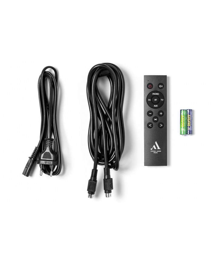 Argon Audio Fenris A55 aksesuar seti: uzaktan kumanda, kablolar ve piller.