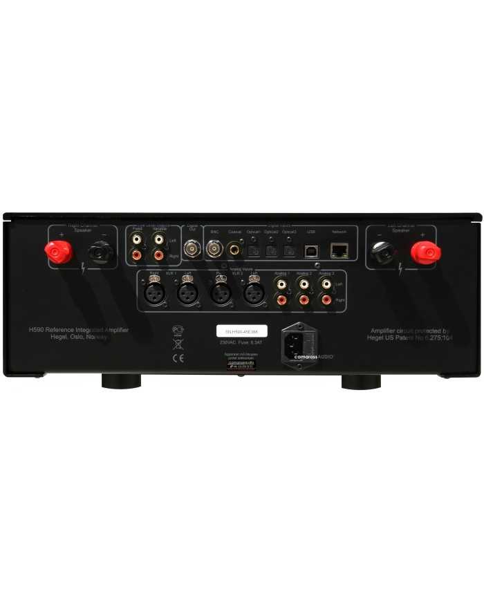 Hegel H590 entegre amfi siyah arka panel bağlantıları ve giriş/çıkışları.