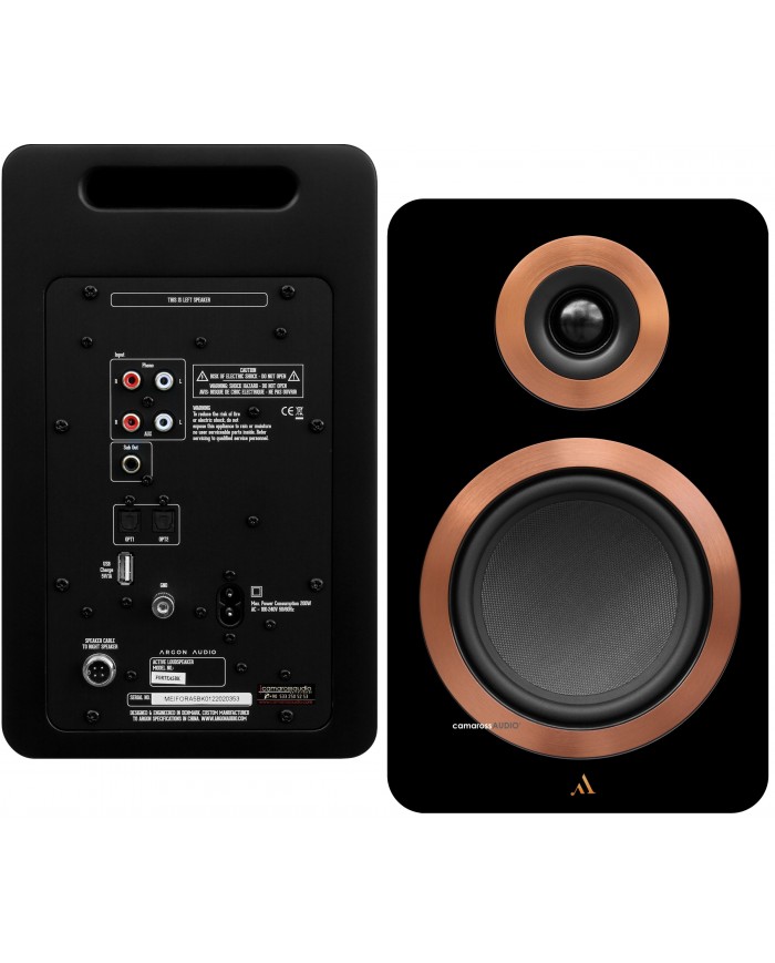 Argon Audio FORTE A5 siyah aktif hoparlör, bakır detaylı ön panel.
