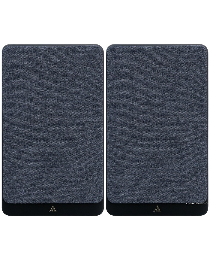Argon Audio FORTE A5 hoparlörler, koyu gri kumaş kapaklı, minimalist tasarım.