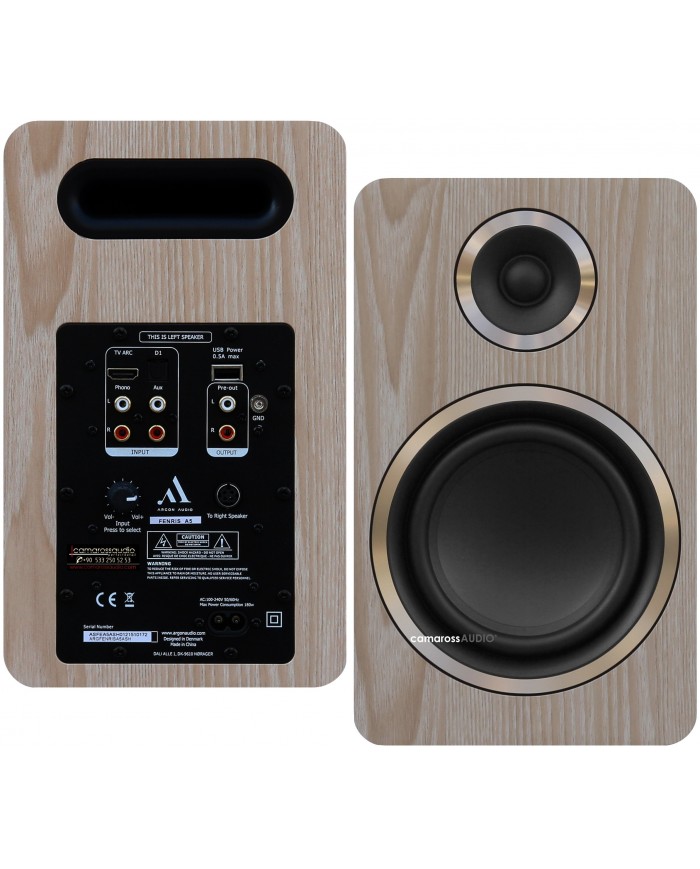 Argon Audio Fenris A5 ahşap renkli hoparlör ön ve arka bağlantı detayları.