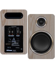 Argon Audio Fenris A5 ahşap renkli hoparlör ön ve arka bağlantı detayları.