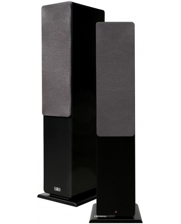 Argon Audio FORTE A55 siyah kule tipi hoparlörler, gri kumaş kapaklı.