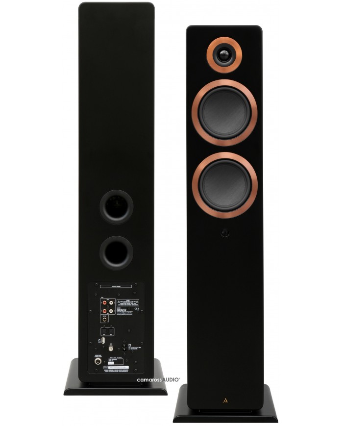 Argon Audio FORTE A55 Siyah Hoparlör, Bakır Detaylı Ön Yüzey ve Bağlantılar.