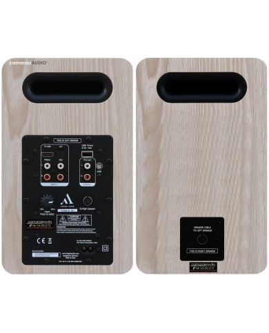 Argon Audio Fenris A5 hoparlör arka bağlantı portları, açık ahşap.