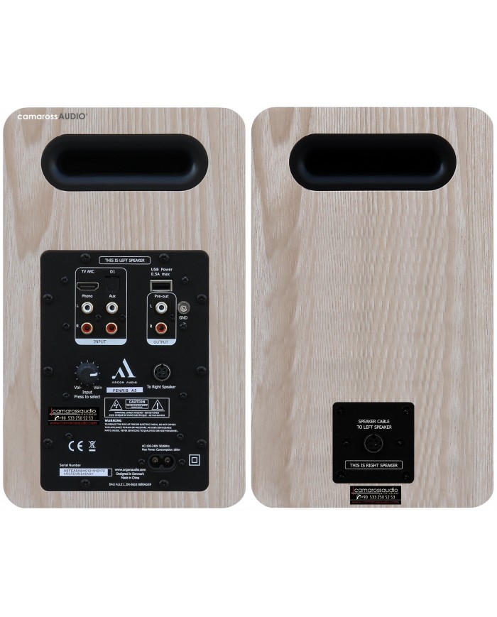 Argon Audio Fenris A5 hoparlör arka bağlantı portları, açık ahşap.