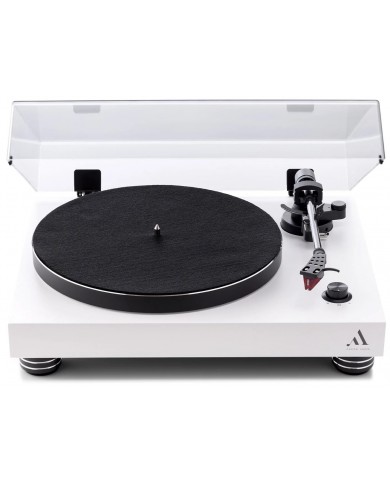 Argon Audio TT-4 beyaz pikap, siyah mat plak ve şeffaf kapaklı, modern stil.