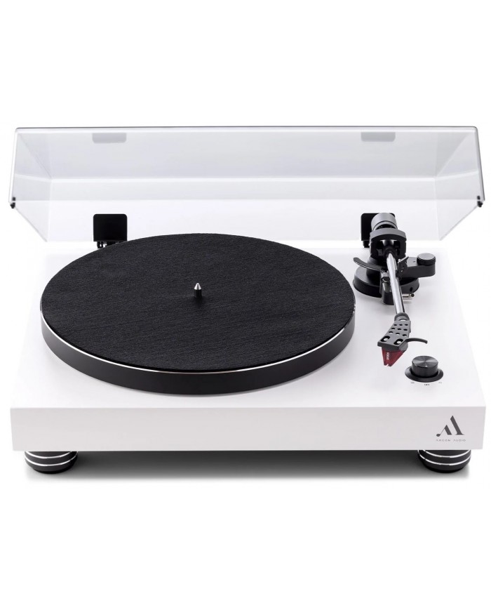 Argon Audio TT-4 beyaz pikap, siyah mat plak ve şeffaf kapaklı, modern stil.