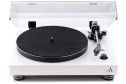 Argon Audio TT-4 beyaz pikap, siyah mat plak ve şeffaf kapaklı, modern stil.