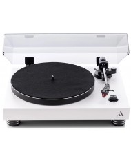 Argon Audio TT-4 beyaz pikap, siyah mat plak ve şeffaf kapaklı, modern stil.