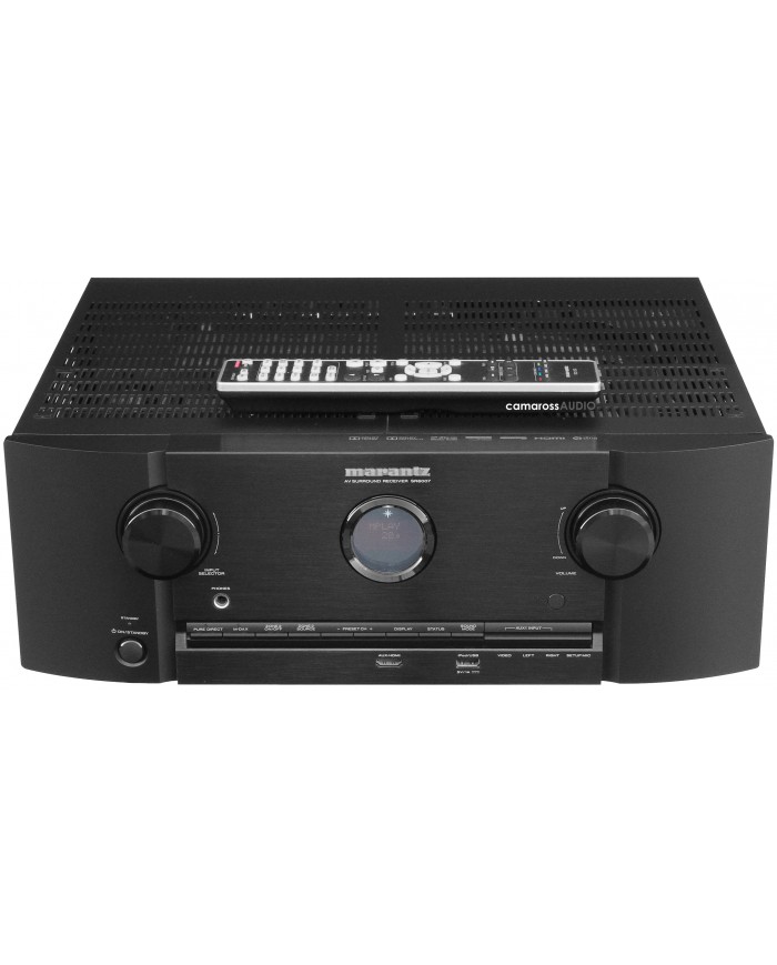 Marantz SR6007 AV Surround Receiver siyah renkli, uzaktan kumandalı ön panel.