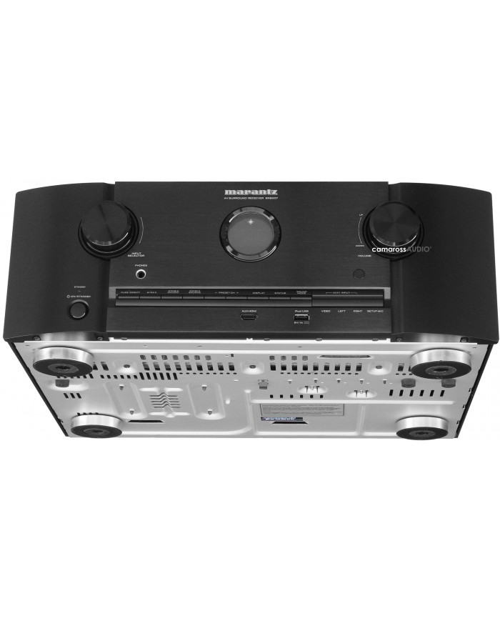 Marantz SR6007 siyah AV surround alıcısı, ön panel ve alt kısım görünümü.