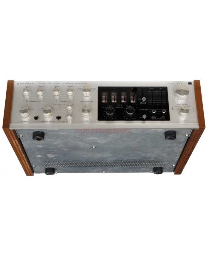 Kenwood KA-8044 Surround Sonic Quadix Amplifikatör, gümüş rengi, ahşap kaplama ön panel.