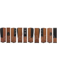 Kef Reference Model Three kule tipi hoparlör, ahşap kaplama, siyah ön panel, çift sürücü.