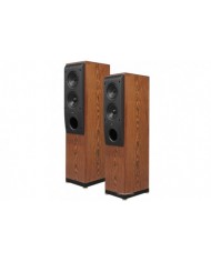 Kef Reference Model Three kule tipi hoparlörler, ahşap kaplama, siyah ön panel.