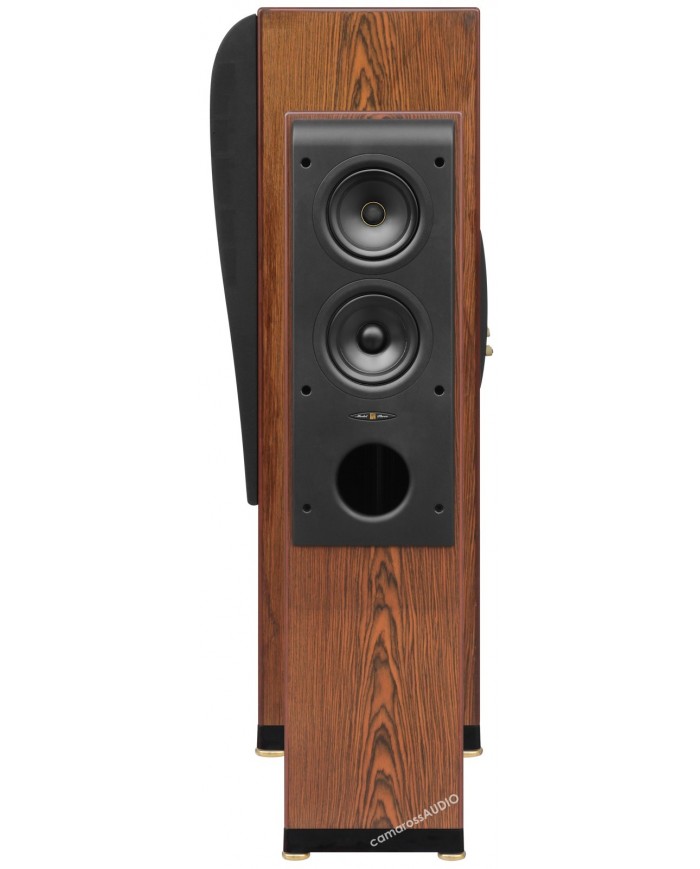 Kef Reference Model Three ahşap kaplama kule tipi hoparlör, çift sürücülü siyah ön panel.