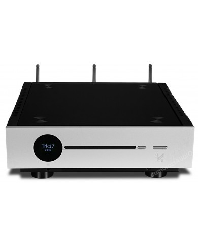Quad Artera Solus Play Hi-Fi müzik sisteminin gümüş ön yüzü ve siyah üst kısmı.