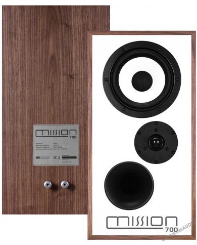 Mission 700 hoparlör, ceviz kaplama, beyaz ön panel, retro hi-fi ses.