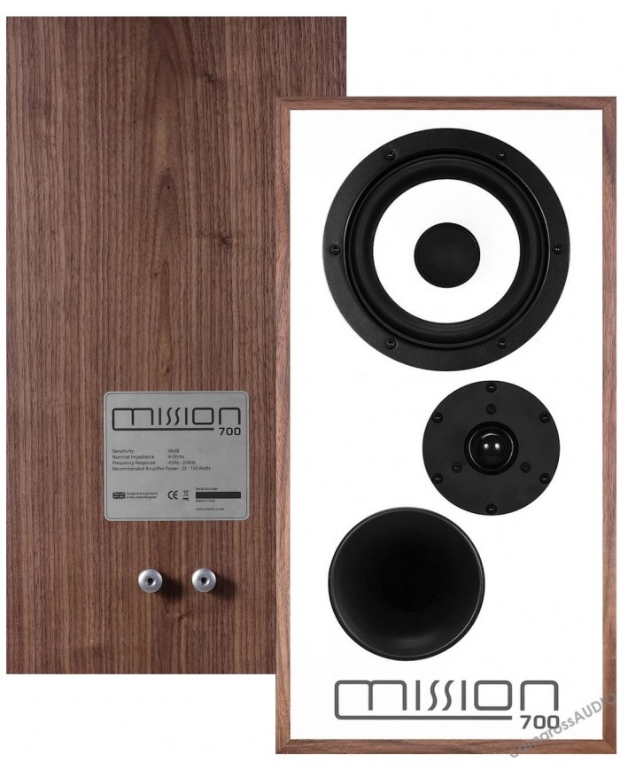 Mission 700 hoparlör, ceviz kaplama, beyaz ön panel, retro hi-fi ses.