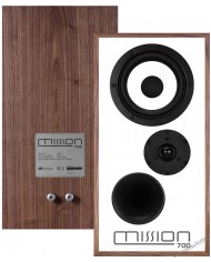 Mission 700 hoparlör, ceviz kaplama, beyaz ön panel, retro hi-fi ses.