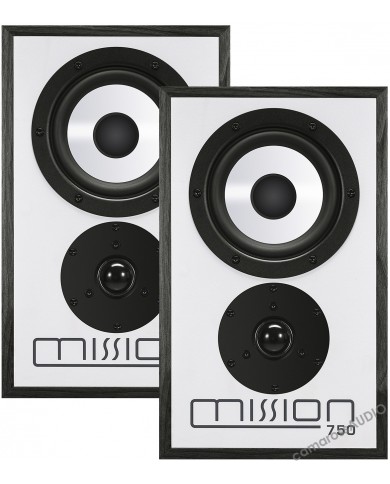 Mission 750 hoparlör, beyaz ön panel ve siyah çerçeveli, kompakt hi-fi ses sistemi.