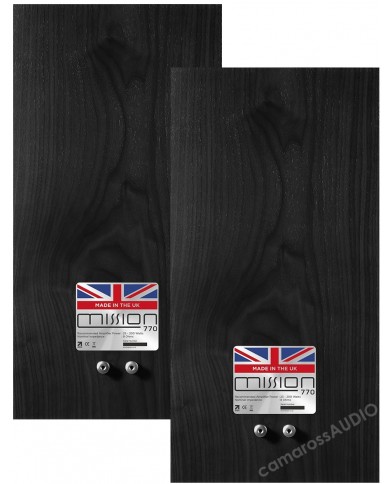 Mission 770 hoparlör arkası, siyah ahşap kaplama, Made in UK etiketli.