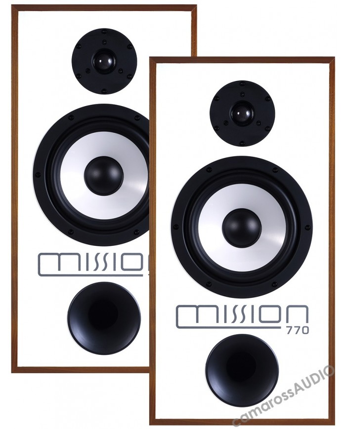 Mission 770 hoparlör, beyaz ön panel, ahşap çerçeve, vintage Hi-Fi ses.