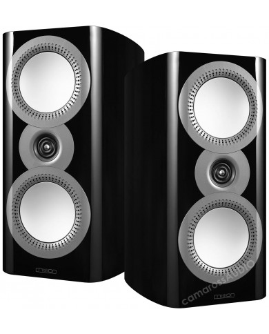 Mission ZX-2 siyah parlak hoparlör çifti, gümüş detaylı hi-fi ses sistemi.