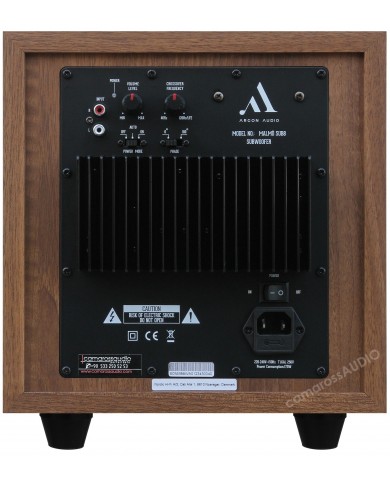 Argon Audio Malmö SUB8 ahşap kasa subwoofer arka bağlantı paneli.