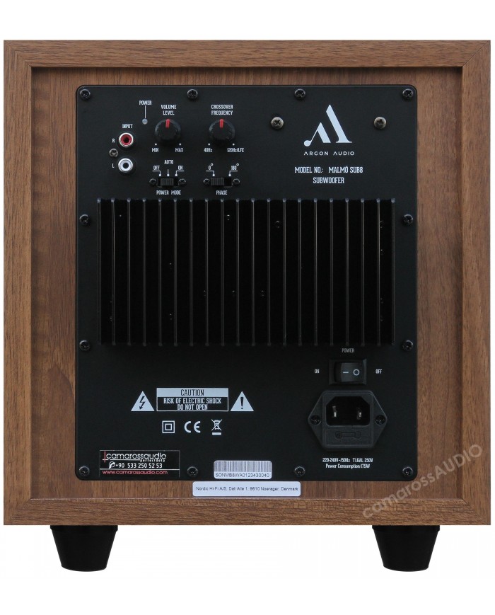 Argon Audio Malmö SUB8 ahşap kasa subwoofer arka bağlantı paneli.