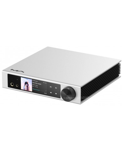 Matrix Audio Element i2 gümüş renkli dijital ses oynatıcı, kulaklık çıkışı ve ekranlı.