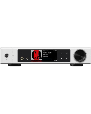 Matrix Element M2 gümüş renkli streamer, dijital ses çalar, kulaklık çıkışlı.