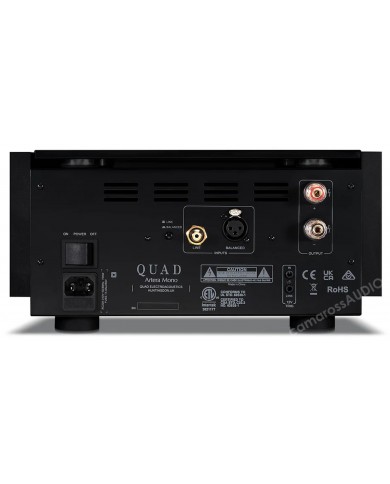 Quad Artera Mono amfi arka panel: RCA, XLR giriş, hoparlör çıkışı.