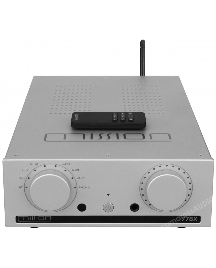 Mission 778X gümüş renkli stereo entegre amplifikatör ve kumanda.