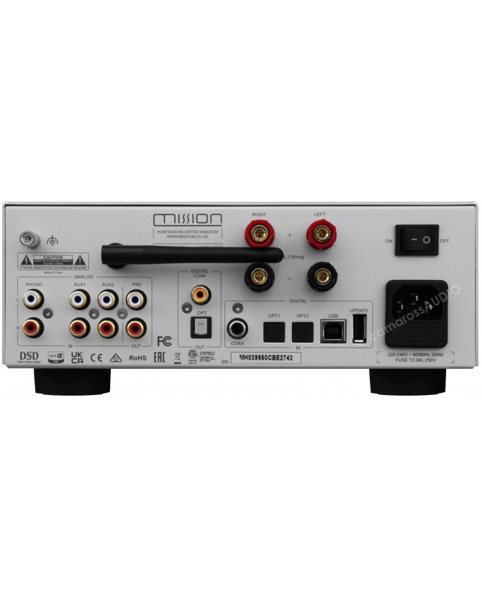 Mission 778X amplifikatör arka paneli: RCA, Optik, Koaksiyel ve USB girişleri.