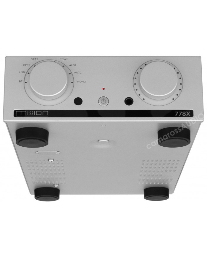 Mission 778X gümüş renkli stereo entegre amplifikatör ön panel detayı.