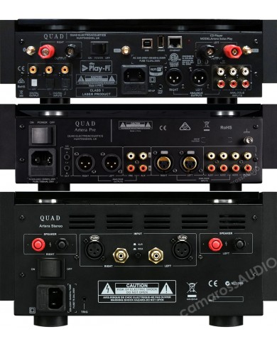 Quad Artera Stereo amfi arka bağlantı terminalleri ve giriş çıkışları siyah.