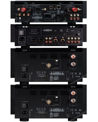 QUAD Artera Hi-Fi sisteminin siyah renkli arka bağlantı portları ve giriş/çıkışları.