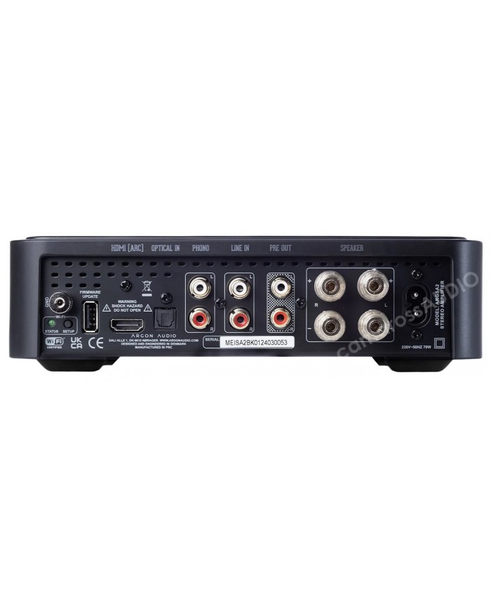 Argon Audio SA2 siyah stereo amplifikatör, HDMI ARC, optik giriş, phono ve hoparlör çıkışları.