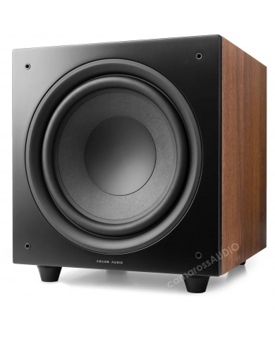 Argon Audio Malmö SUB 10 subwoofer, siyah ön panel ve ahşap yanlar