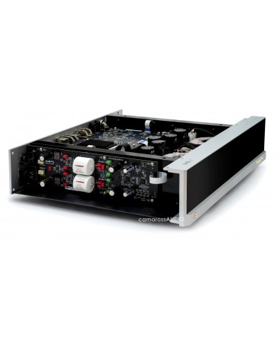 Matrix Audio MS-1 DAC/AMP gümüş renkli, açık şasi ve dahili bileşenleri gösteren dijital ses çalar.